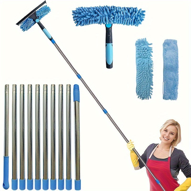1 Set 2In 1 Window Cleaning Brush And Scraper Set With Telescopic Pole Reusable Hardness Brush High Reach Outdoor And Glass Cleaning Tools Contains Multiple Parts And Machine Washable Flannel Cloth Christmas Gift Halloween Gift Blue Color