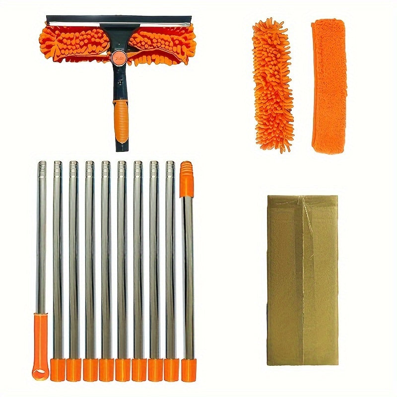 1 Set 2In 1 Window Cleaning Brush And Scraper Set With Telescopic Pole Reusable Hardness Brush High Reach Outdoor And Glass Cleaning Tools Contains Multiple Parts And Machine Washable Flannel Cloth Christmas Gift Halloween Gift Orange Color