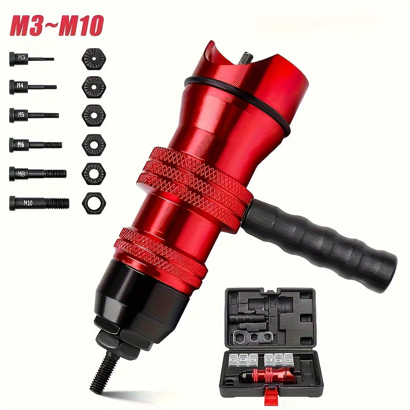 1 Set Red Manual And Pneumatic Nut Gun Tool Kit Metal Rivet Gun With Clutch Electric Air Driven Aluminum Rivet Gun Conversion Head M3 M10 Sizes No Battery Required