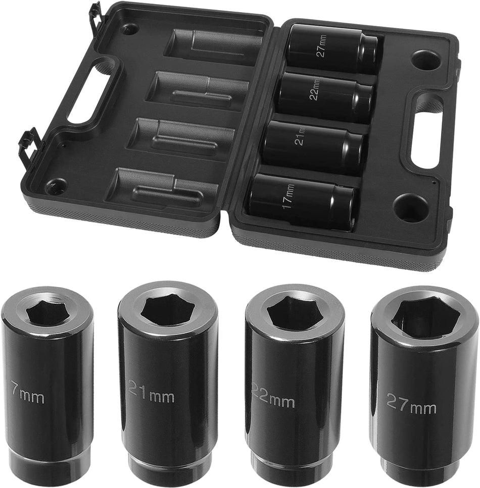 1/2 Inch Drive Deep Impact Socket Set 17mm 21mm 22mm 27mm Crank Bolt Socket Set, 6 Point Design, Heavy Duty with Storage Case