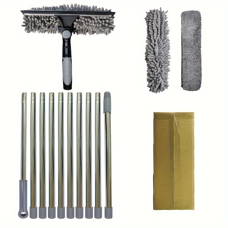 1 Set 2In 1 Window Cleaning Brush And Scraper Set With Telescopic Pole Reusable Hardness Brush High Reach Outdoor And Glass Cleaning Tools Contains Multiple Parts And Machine Washable Flannel Cloth Christmas Gift Halloween Gift Grey Color