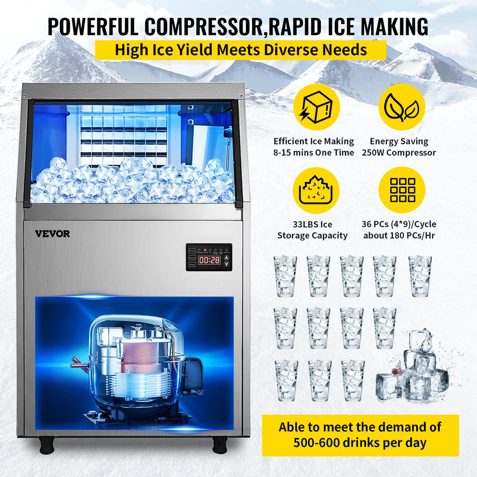 110V Commercial Ice Maker Machine 90 100Lbs24H Stainless Steel Under Counter Ice Machine With 33Lbs Bin For Home Bar Electric Water Drain Pumpwater Filterscoopsconnection Hose Included